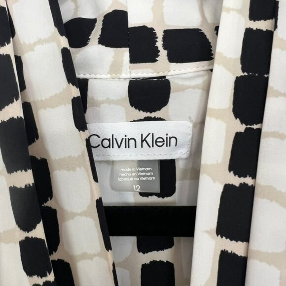 NWT Calvin Klein Maxi Dress Pleated V-Neck Tan White Black Print 12 Large - Picture 3 of 8